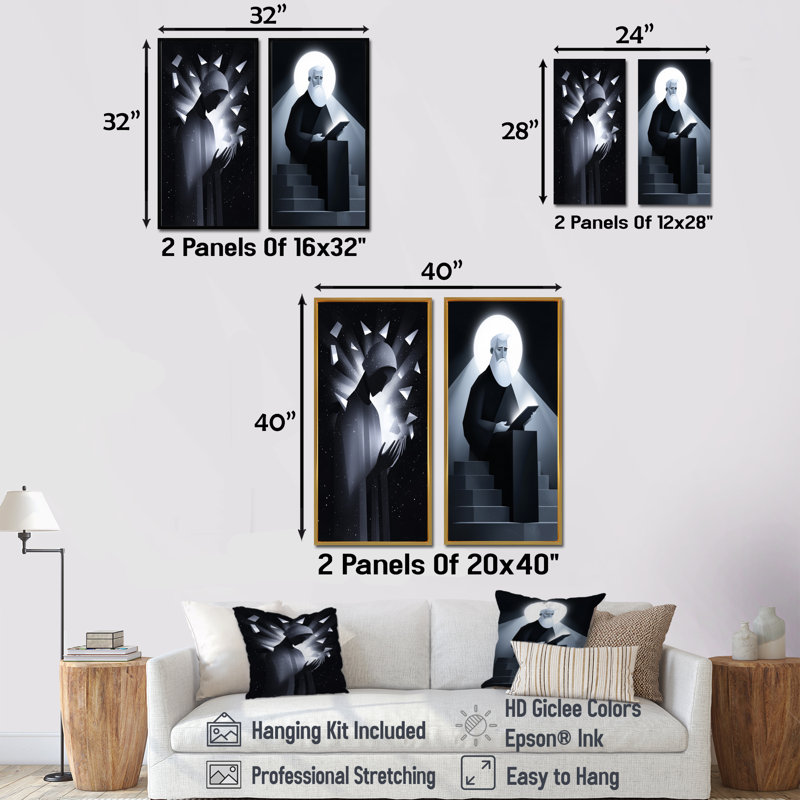 Monochrone, portrait religieux de Dieu I - Collection d'art spirituel sur toile 2 pièces, H 32 po x l 33 po