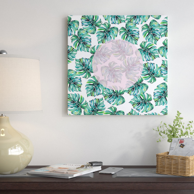 « monstera rose motif », impression sur toile, H 12 po x l 12 po x P 0,75 po