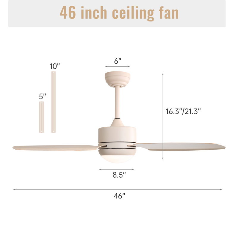 Norbu 47" 3-ABS-Blade Modern Indoor/Outdoor Ceiling Fan with Dimmable LED Lights, Remote Control, Cream with Cream Blades