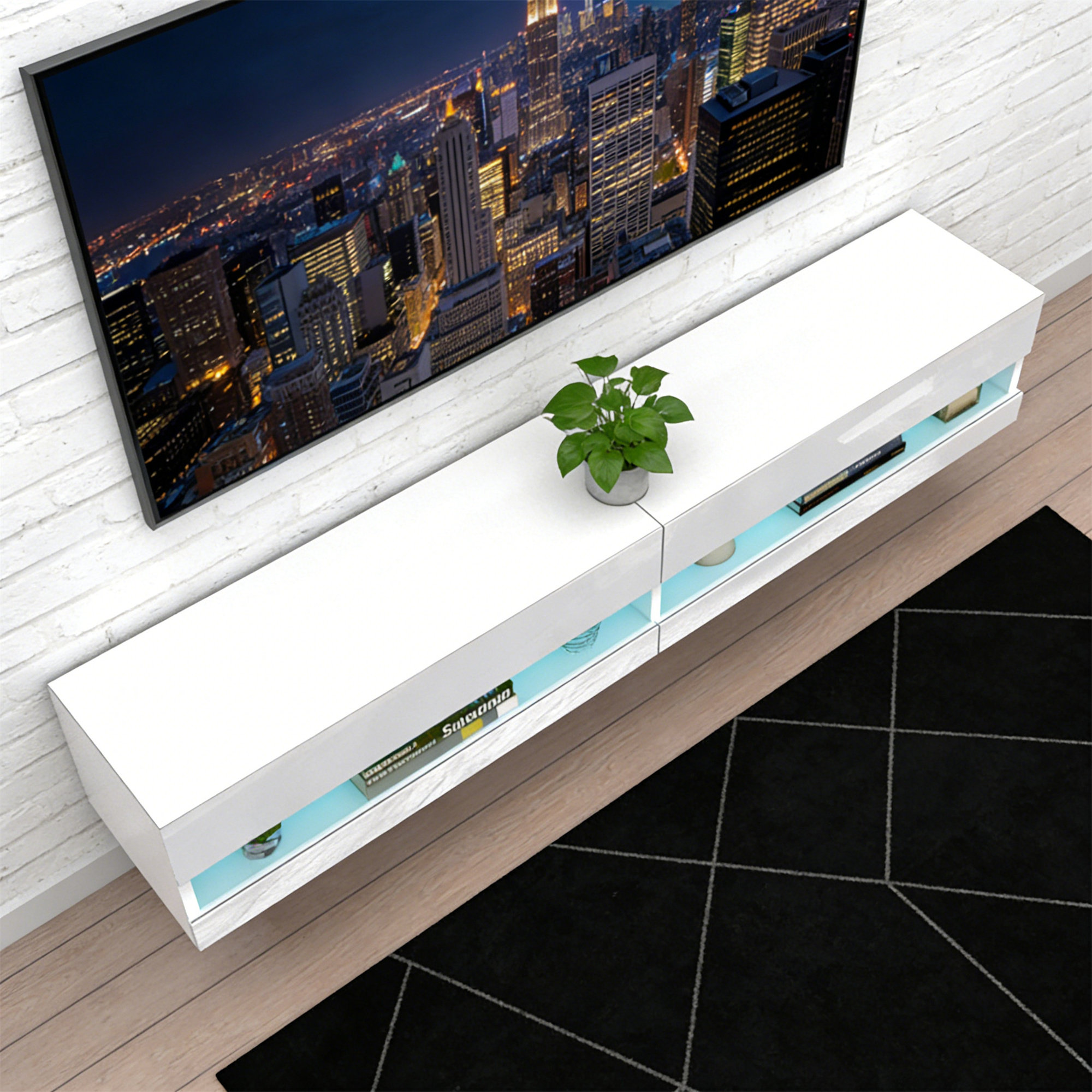 17 Stories Modern High Gloss TV Stand With Storage Cabinets & LED ...