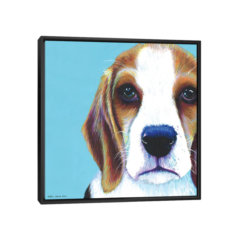 Beagle On Aqua, Square by Kirstin Wood - Painting on Canvas, Black Framed, 93.98 cm H x 93.98 cm W