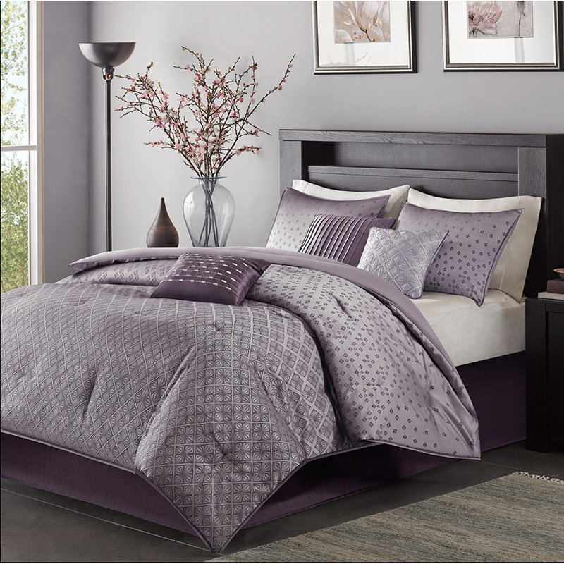 Ensemble d'édredon géométrique 7 pièces Biloxi, Mauve, Édredon de très grande taille et 6 pièces suppl