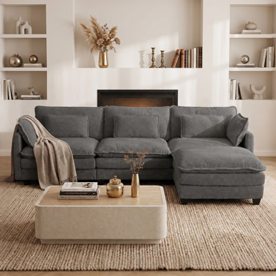 Upholstered Cloud Sofa Modular Sectional Couch 3-Seater L-Shaped Comfy Sofa with Ottoman for Living Room