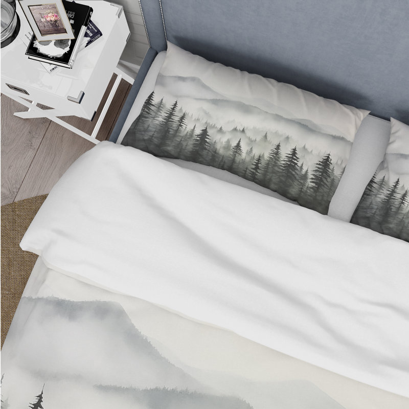Grey Misty Morning Forest Horizon I - Landscapes Duvet Cover Set - Microfiber Polyester, King Duvet Cover + 2 King Shams