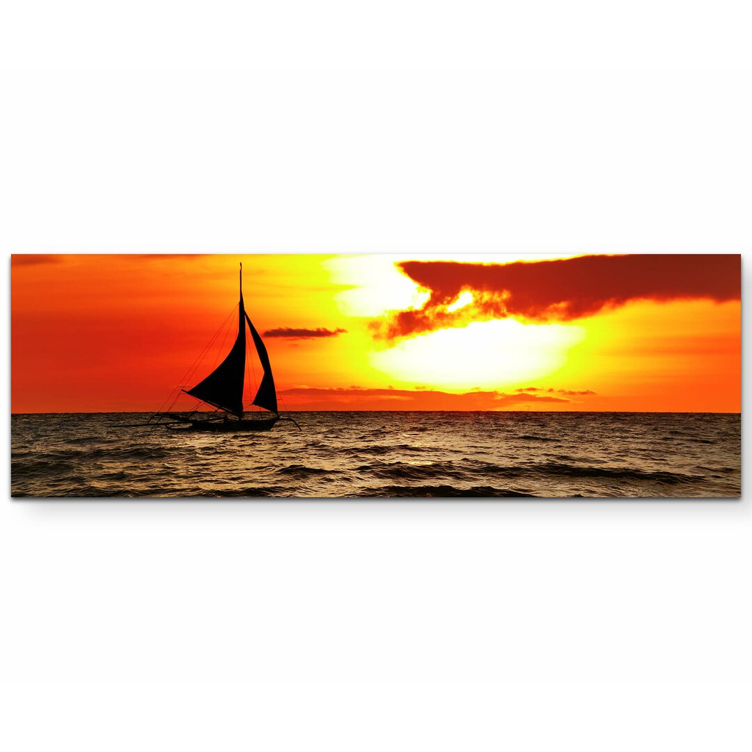 Leinwandbild Tropischer Sonnenuntergang mit Segelboot – Philippinen