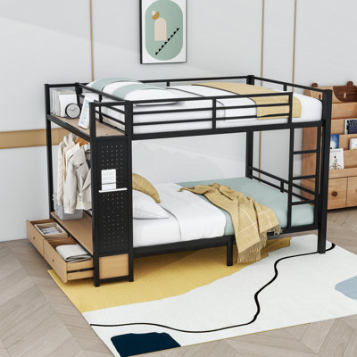 Bunk Bed With Storage Shelves, Drawers, Pegboard And Hanging Rod