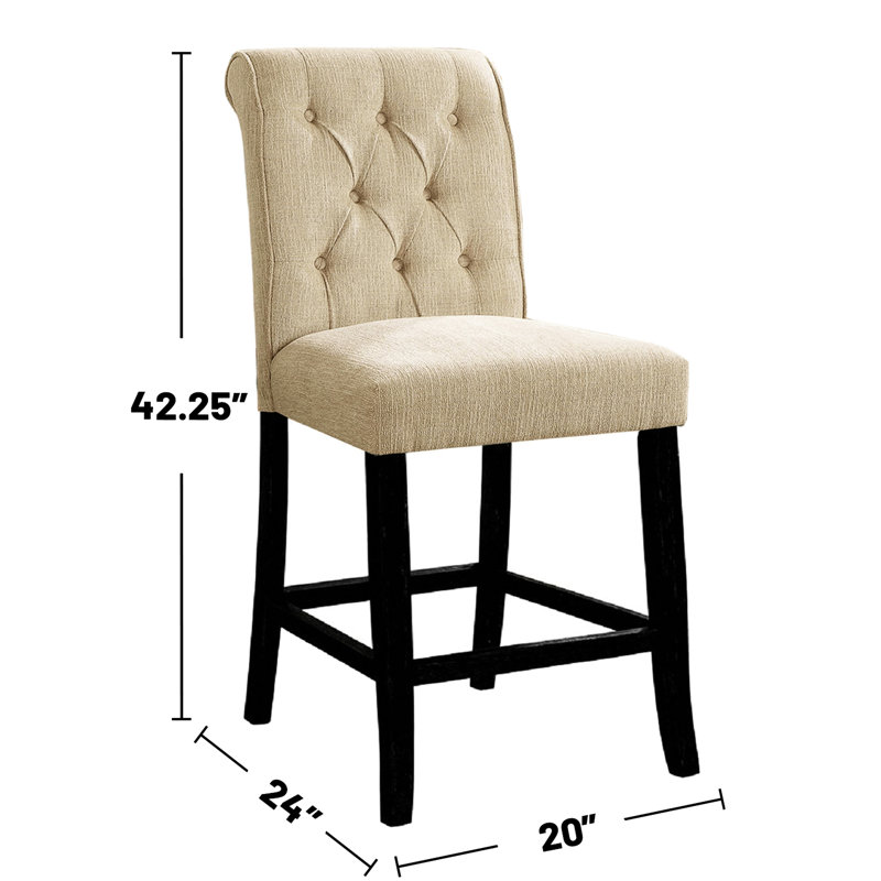 2 chaises de salle à manger en chenille beige et noir antique, dossier à volutes, boutons, fabrication en bois massif pour utilisation dans la pièce et 2