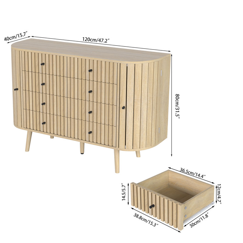 8 Drawers Dresser With Doors, Fluted Chest Of Drawers, Farmhouse Clothes Storage Organizer For Bedroom, Wood