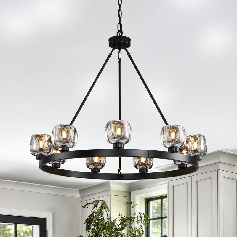 Lustre 9 lumières à roulette variable de 36 po avec abat-jour en verre, Noir mat