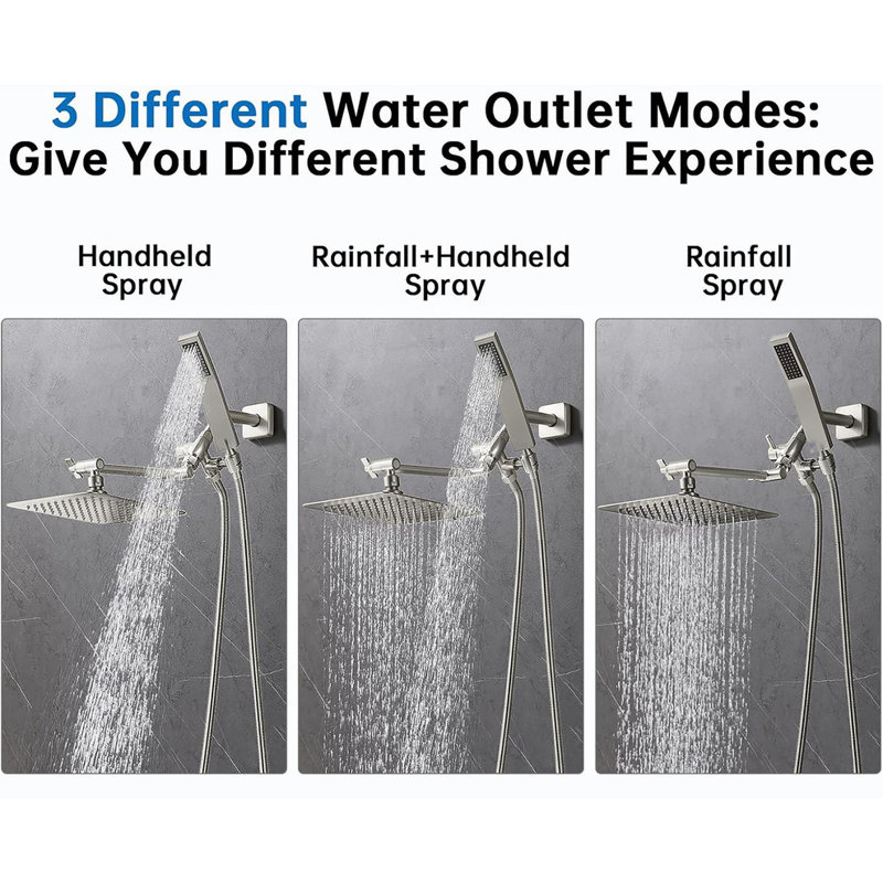 Brushed Nickel Dual Square Rain Shower Head with Handheld Wand