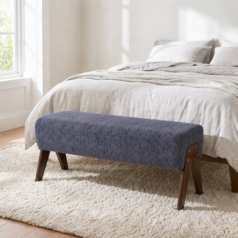 Banc rembourré avec cadre en bois et repose-pieds rectangulaire avec mousse haute densité, Bleu