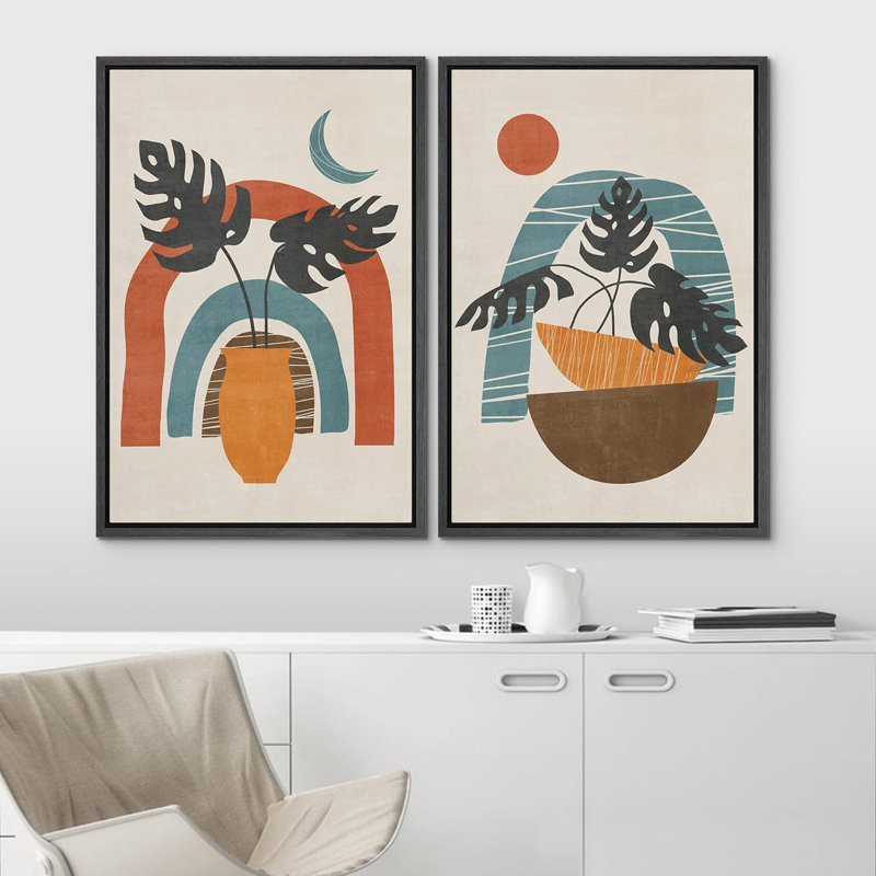 Soleil et lune, croissant de lune, soleil, plantes géométriques, illustrations abstraites, formes modernes, Noir