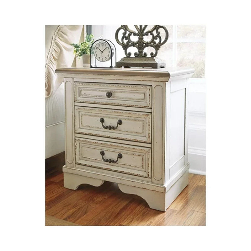 Chipped White & Distressed Wood 3-Drawer Nightstand with USB Ports