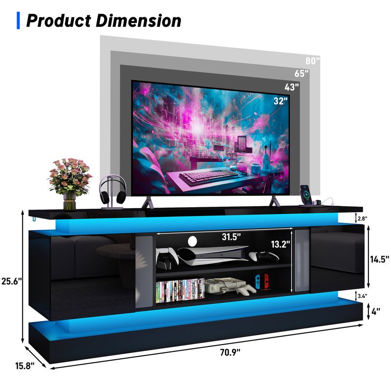 Modern Tv Stand With Led Lights & Built-In Power Outlet – High Gloss Media Console For Tvs Up To 80", Gaming Entertainment Center,  For Living Room,Bedroom