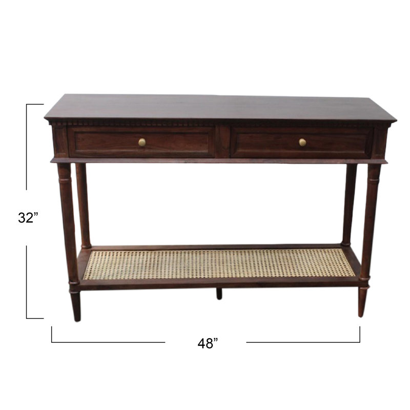 Ayleena Maxwelton Solid Wood Console Table with 2 Drawers and Woven Cane Storage Shelf, Brown