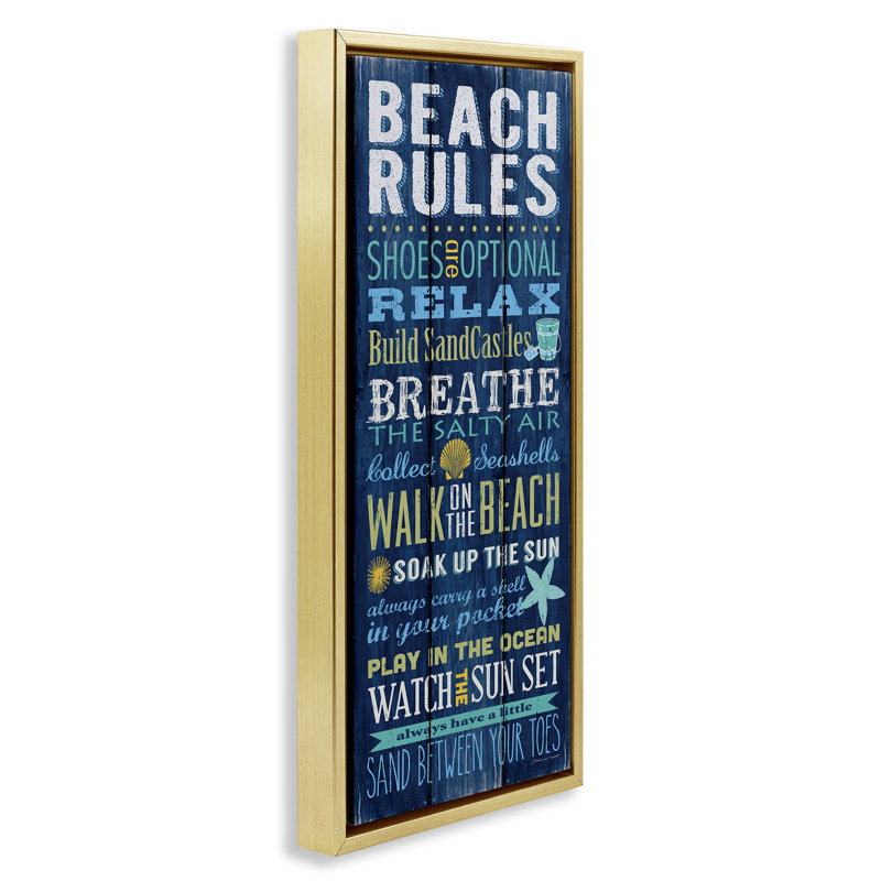 Panneau de règles de plage à planches bleues, Cadre flottant métallique doré, H 31 po x l 15 po