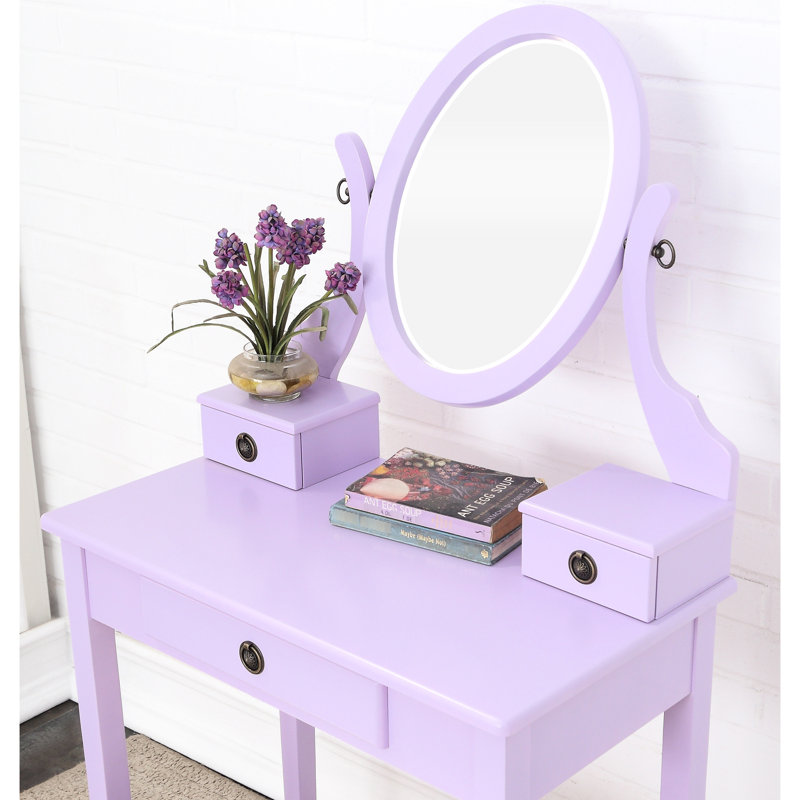 Coiffeuse en bois violet avec tabouret rembourré, miroir et rangement à 3 tiroirs. Style moderne et 3 positions réglables.