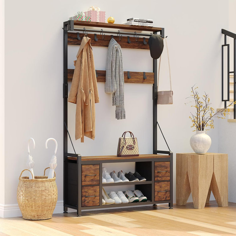 39" Hall Tree with Storage Coat Rack freestanding Entryway Furniture Bench