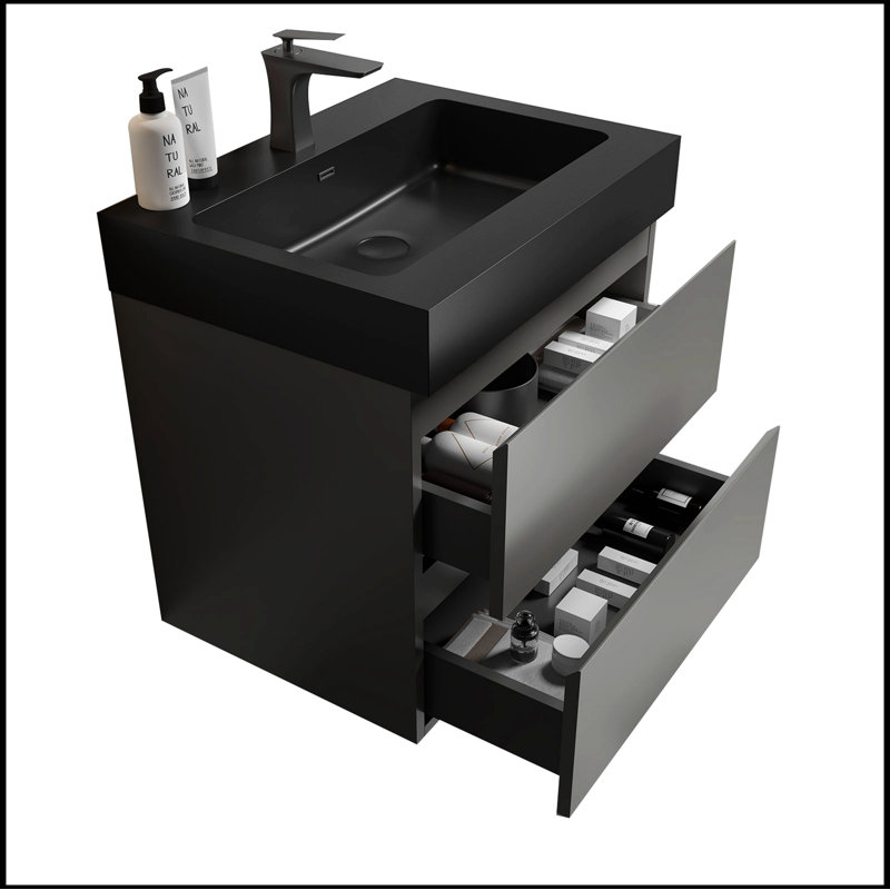 Ensemble de meuble-lavabo mural simple 24 po avec plateau en céramique Vins, Gris, Noir