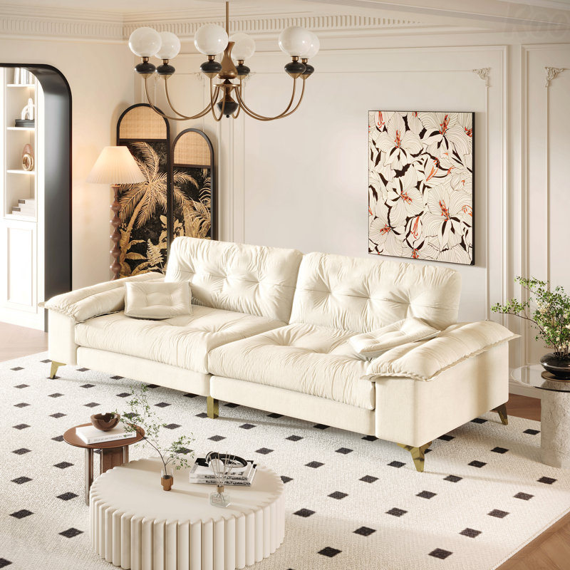Canapé 104,7 po en chenille nuage 104,7 po avec accoudoirs larges et amovibles, capitonné, pieds en métal, 2 coussins, Beige