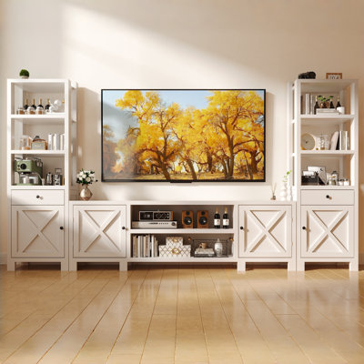 3-in-1 U-Shaped TV Console with 10 Drawers & Adjustable Shelves, Large Capacity Entertainment Center for TVs up to 70", Built-in Power Outlets and USB Ports, Sturdy Waterproof Wood Stand for Living Room, Bedroom, Home Office, White