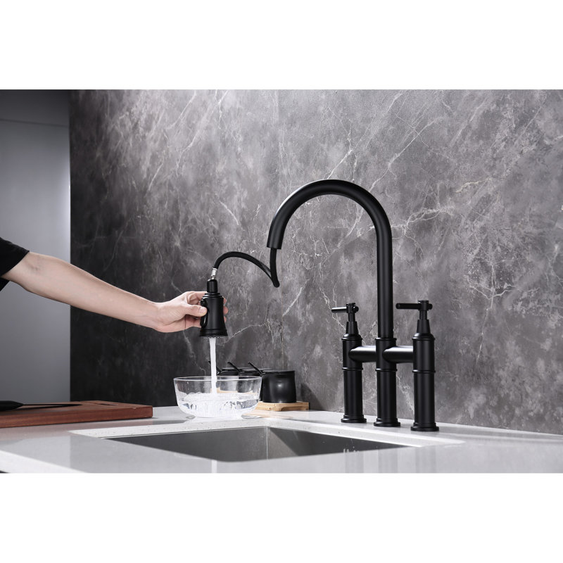 Matte Black Bridge Kitchen Faucet With Pull-Down - Dual Handle For Precise Control, 360-Degree Rotating Nozzle, Brass Construction Accurate Flow And Temperature Rotatable Quality Build