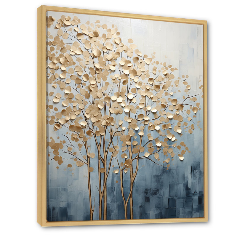 Minimalisme, arbres dorés et bleus scène VII - arbres, art mural, H 40 po x l 30 po x P 1,5 po, Cadre naturel flottant