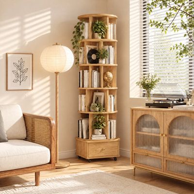 5-Tier 360° Swivel Corner Bookcase, Rotating Storage Tower with Lockable Casters & Drawers, Narrow Spinning Bookshelf Organizer for Living Room, Bedroom, Natural