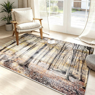 Orange Machine Washable,English Woodland with Thick Tree Forest Surreal Natural Winter Indoor Area Rug