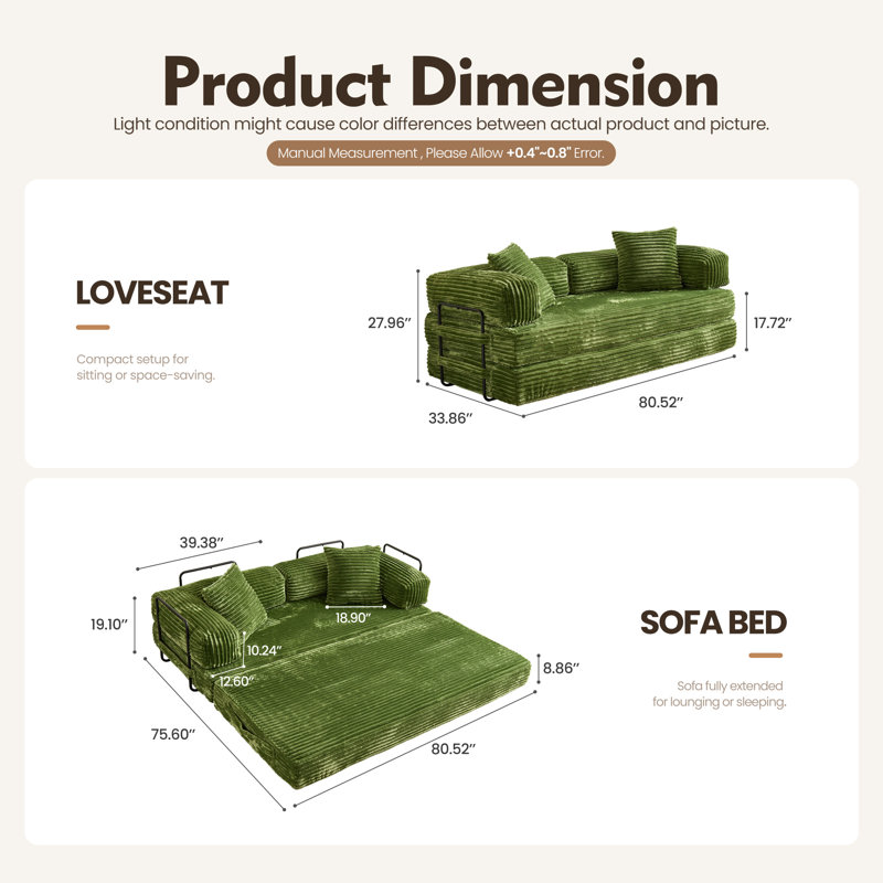 Boneless 80.5'' Mordern Convertible Sleeper Sofa Corduroy Loveseat Sofa Bed, Foldable Floor Couch, Green Plush