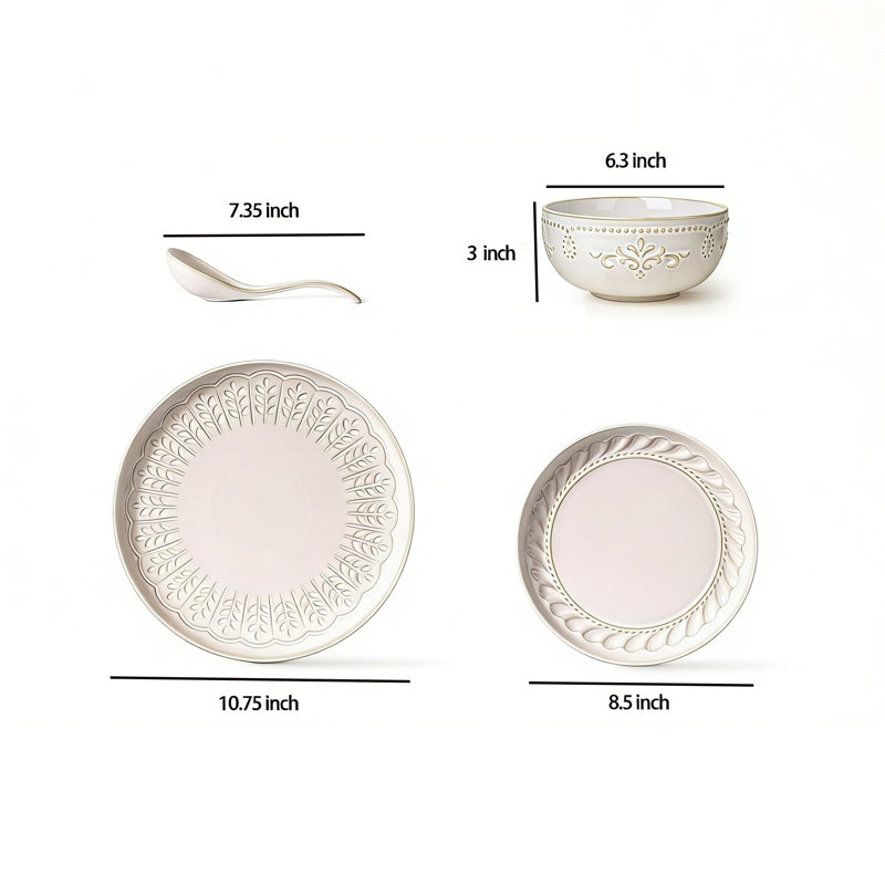 Service de table en céramique 16 pièces pour 4 personnes | Assiettes et bols blancs en relief | Va au lave-vaisselle et au micro-ondes | Motifs multiples et design texturé