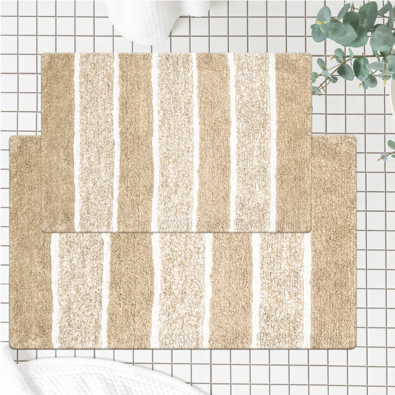 Ensemble de 2 tapis de bain à rayures antidérapants 100% coton Cervantes, Beige / Blanc, Grand