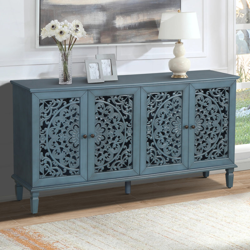 Traditional 60"W Carved Sideboard with Door and Solid Wood Legs, Antique Blue