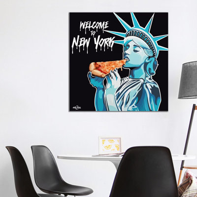 Welcome To NY - Liberty Pizza Black Square by Hybrid Life Art - Wrapped Canvas Print