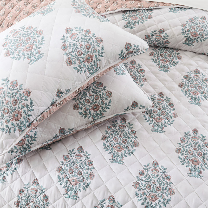 Sofia Flower Block Bouquet Reversible Quilt Clay 6Pc Set, King Quilt + 2 Shams + 3 Pillows