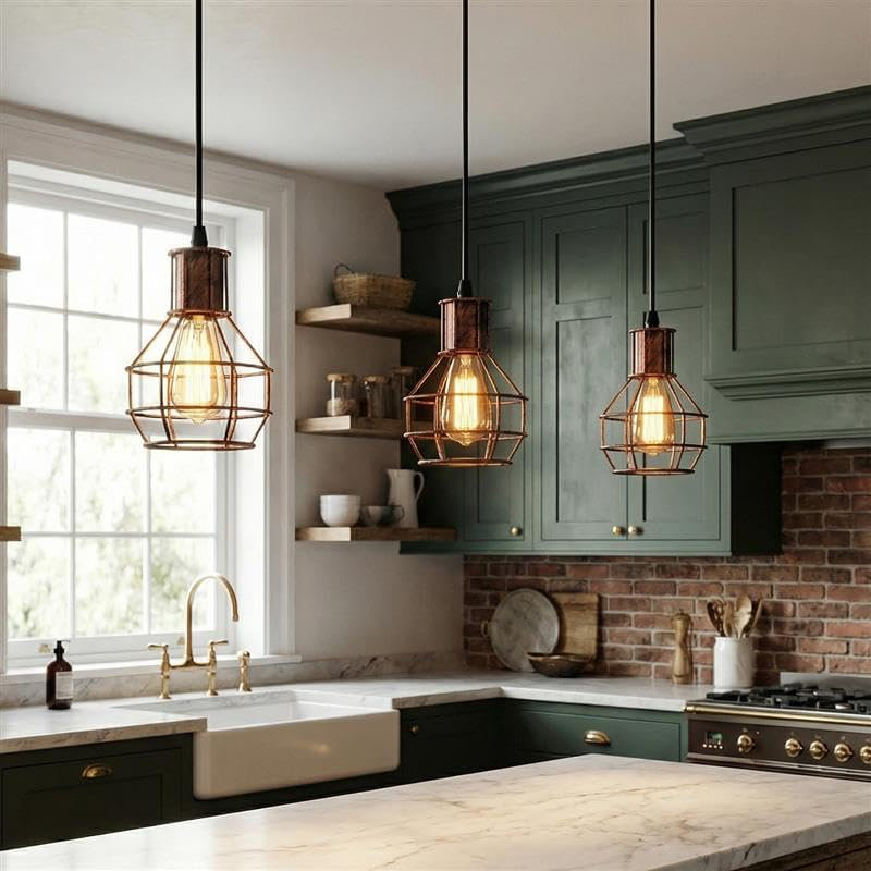 1 - Light Rustic Red Caged Pendant