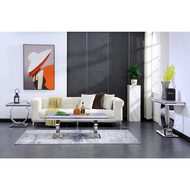 Ashonda Gray Faux Mable End Table with Silver Mirrored U-shaped Base