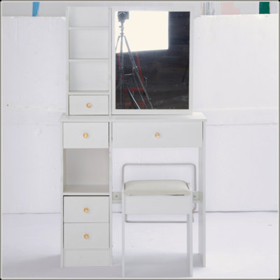 Small Size Left Drawer Desktop Vanity Table + Cushioned Stool, Extra Large Sliding Mirror, Multi Layer, High Capacity Storage Fashionable Dresser, Suitable For Small Space, EPA,GCC,UL Certificate