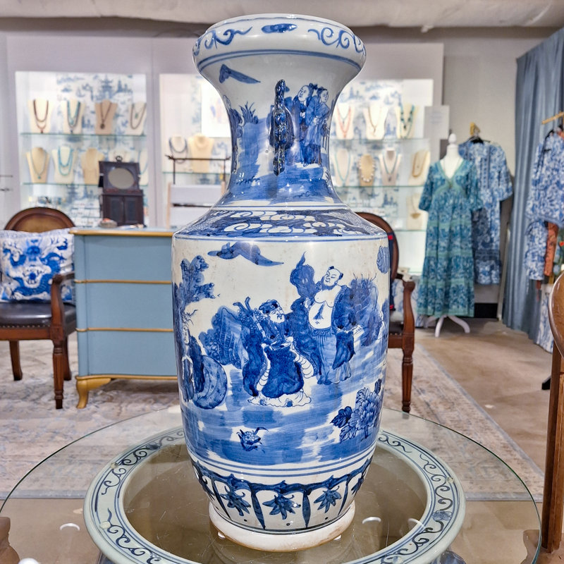 Blue and White Tall Vase with Handles