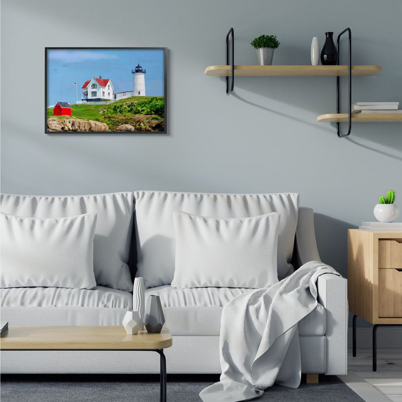 «Phare sur une côte verte et bleue» par Emily Kalina - reproduction d'art, Giclée encadrée noir minuit, H 24 po x l 30 po
