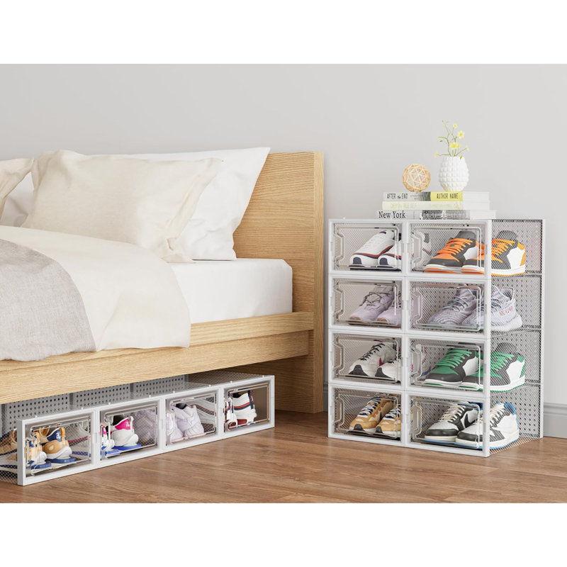 Shoe Storage Box,12 Pcs Stackable Shoe Boxes Clear Plastic Shoe Organizer Shoe Containers With Lids,Fit UK 9.5,White