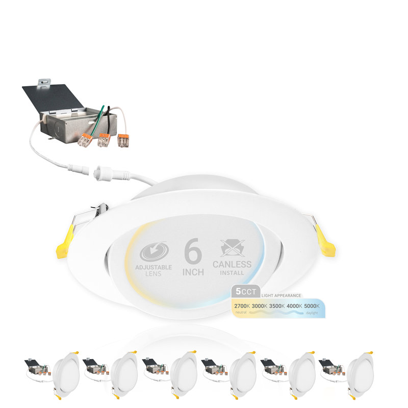 Adjustable Downlight 6'' Selectable Color Temperature Dimmable IC Rated LED Canless Recessed Lighting Kit, White