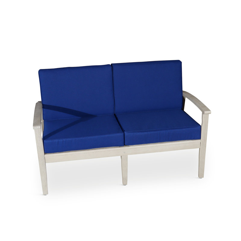 Causeuse en eucalyptus avec coussins, finition gris bois flotté, coussins bleu marine, Blue, Grey