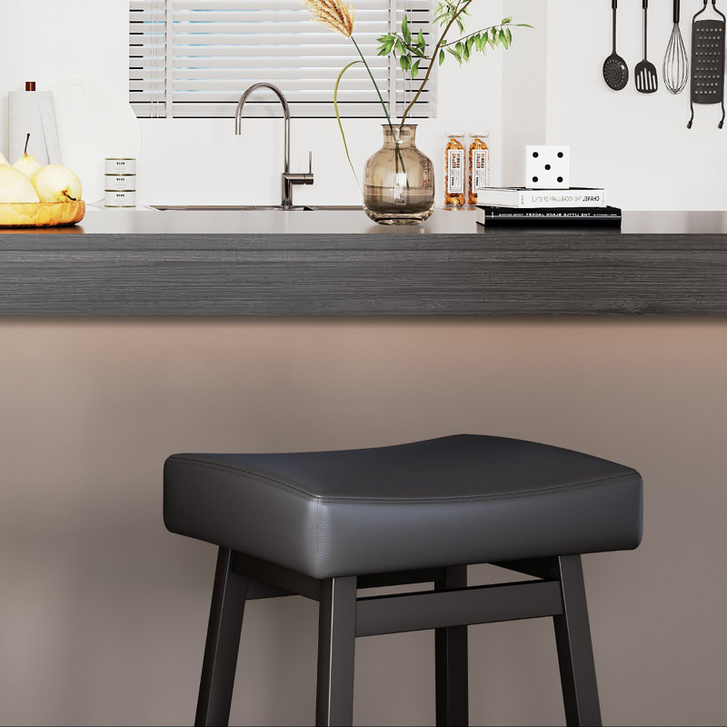 Counter Height Stools Set of 6,Solid Wood Barstools with Faux Leather Upholstered Saddle Seat,Backless Kitchen Bar Stools, 6