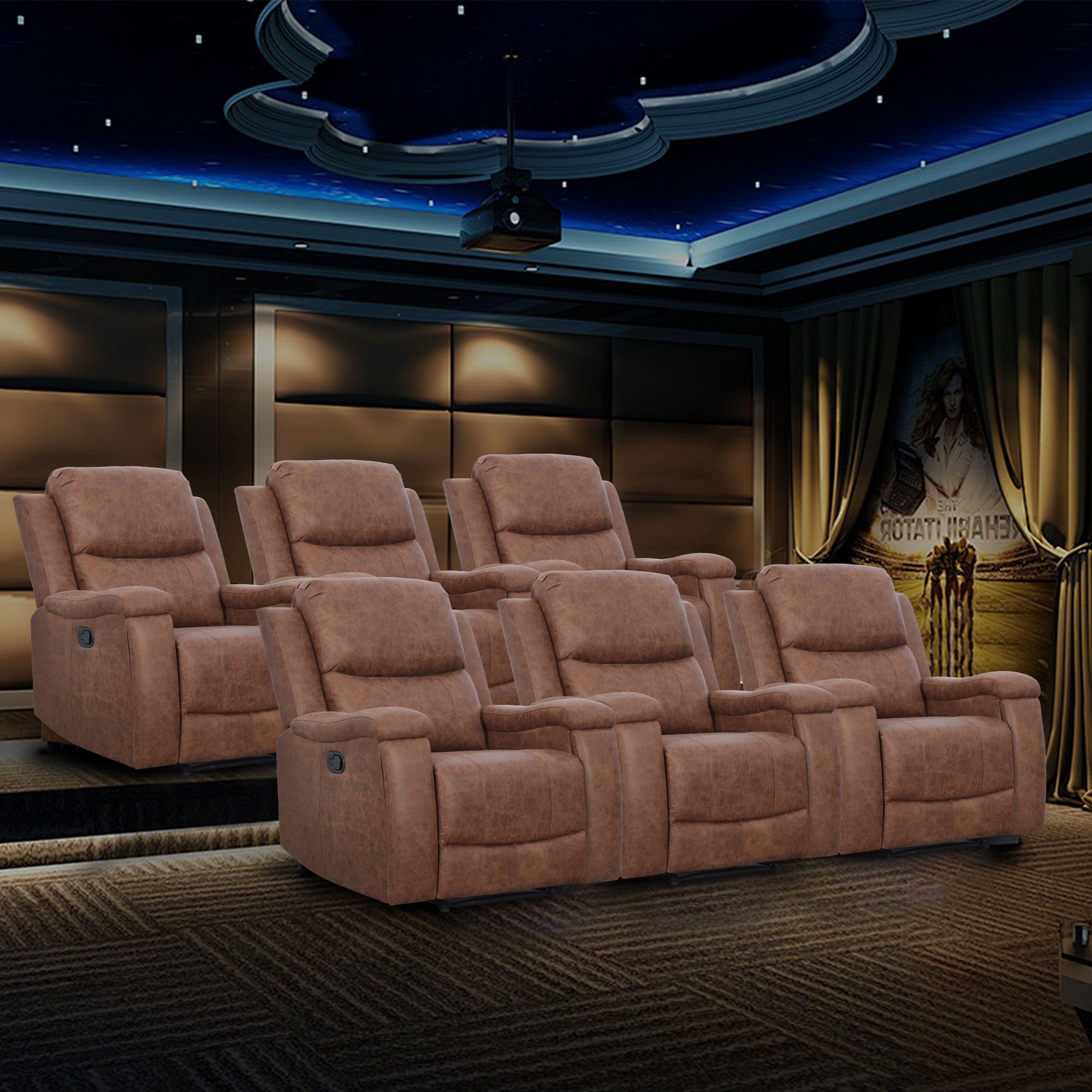 Latitude Run® 37" Wide Modern Cognac Leather Manual Home Theater Seat with Built-in Cup Holder ...