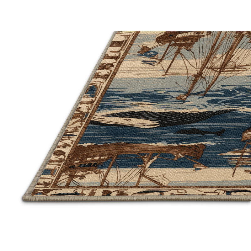 Washable Whaling scenes Nautical Area Rug, Square 5'