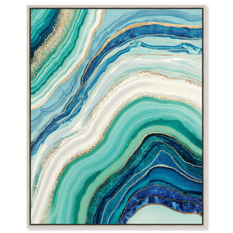 «Blue Green Abstract Agate I», art abstrait bleu sarcelle par , H 21 po x l 17 po, Encadrement argenté
