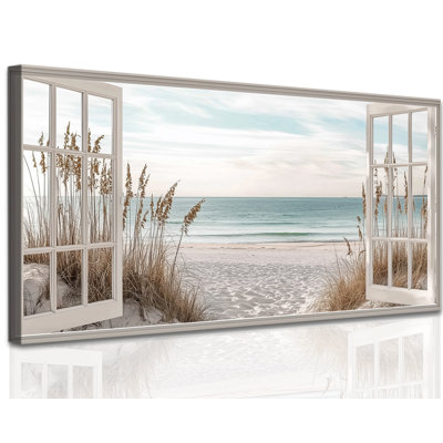  Beach Canvas Wall Art, Open Window Prints Coastal Wall Decor, Rustic Summer Ocean Pictures Painting Serene Seaside Artwork, Ready-to-Hang Framed Blue Beach Scene for Living Room Bedroom Bathroom, 12x24 inches