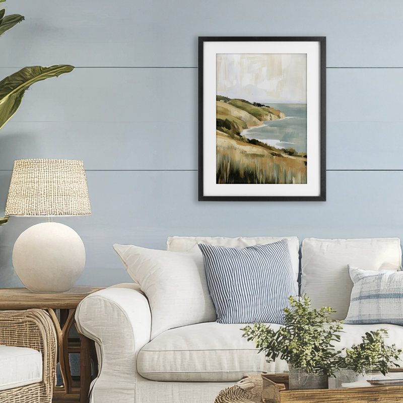 «Serene Cliff Coast Landscape», reproduction d'art sous verre encadrée par Petal Prints Design, 23 x 17
