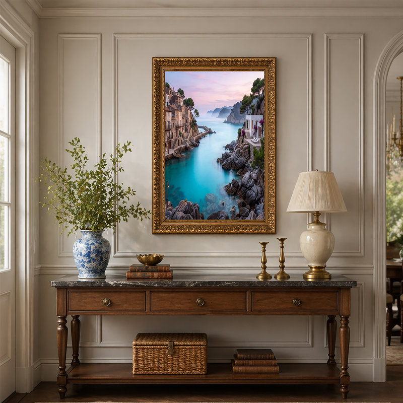 «Turquoise Bay and Coastal Village at Sunset», art mural, H 36 po x l 48 po